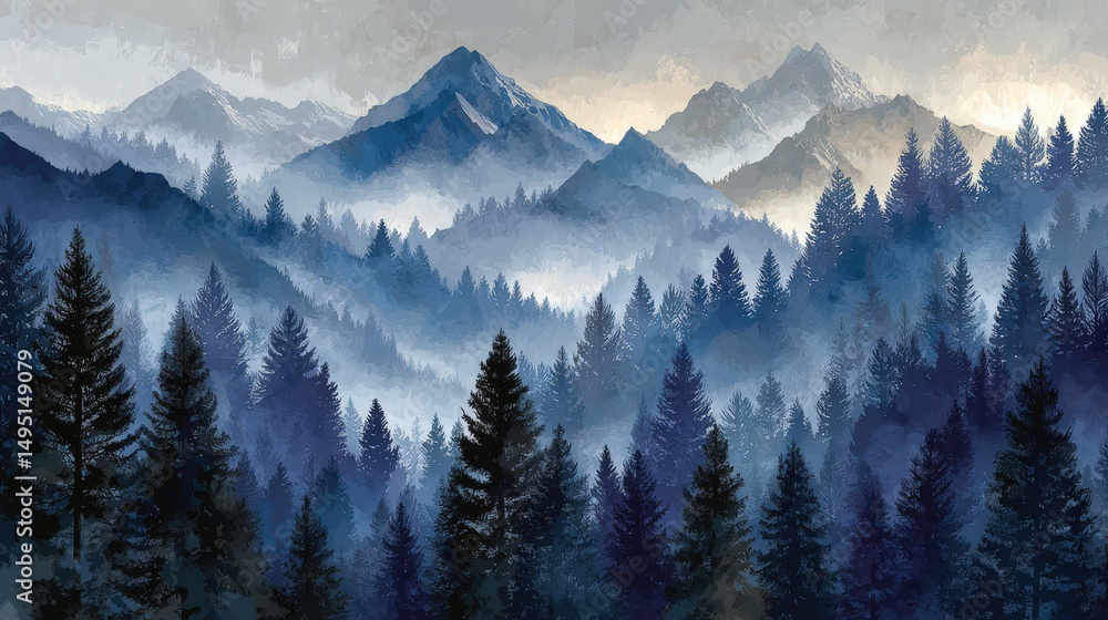 Aufkleber misty mountain landscape with repeated tree patterns and shapes