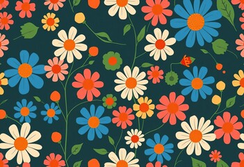 Abstract Matisse-inspired blue chamomile floral seamless pattern Retro naive style, flat vector design, empty space, graphic
