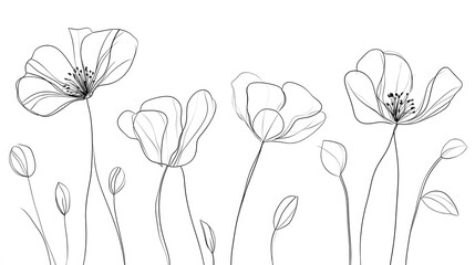Elegant line art of blooming poppy flowers.
