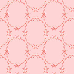 Cute seamless pattern with doodle hand drawn coquette ribbon frames with bows. Vintage whimsical borders. Preppy background for fabric, prints, wallpaper or wrapping paper.