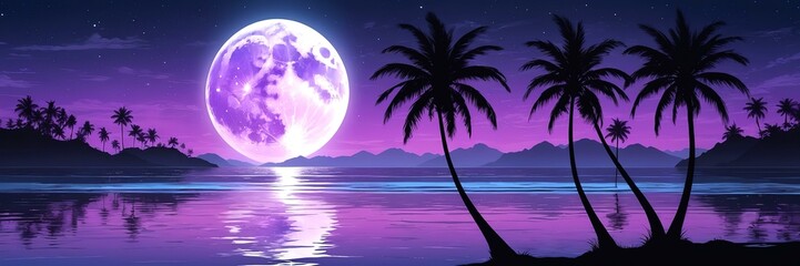 A moonlit landscape with palm trees under vibrant moonlit sky, creating serene and dreamy atmosphere. neon colors enhance tranquil scene