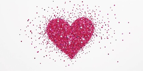 A white background features a heart shape made of scattered glitter confetti, romance, hearts