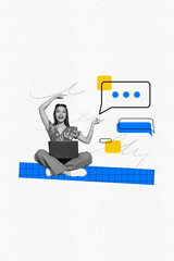 Art image vertical photo collage of happy girl hold laptop type message communication icon...