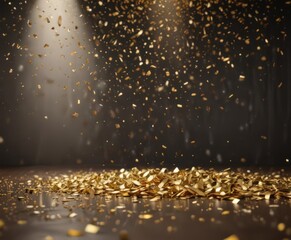 Scattered gold confetti gleams under spotlight, indoor scene ,  holiday,  bright,  special day