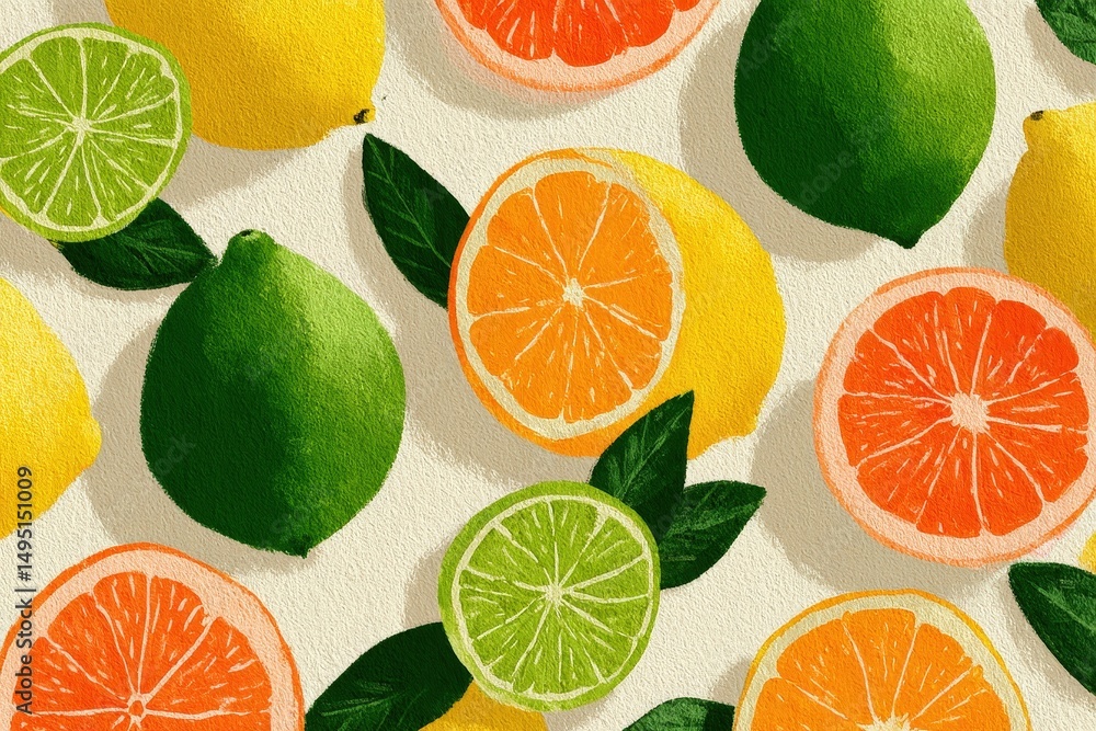 Poster vibrant citrus slices in colorful pattern with lemons and oranges