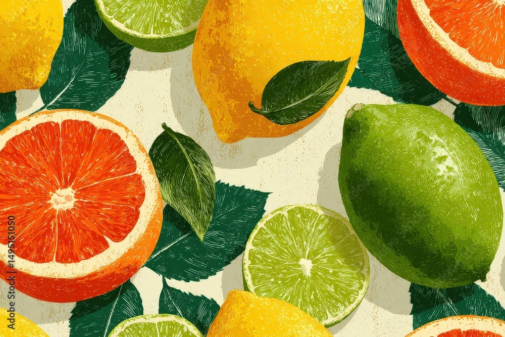 Poster colorful citrus slice pattern with oranges and lemons on leafy background