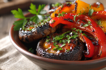 Grilled portobello mushrooms and bell peppers summer BBQ