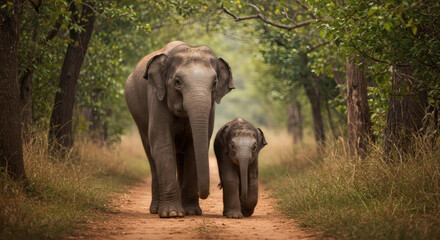 Mother and baby elephant walking through forest path in natural habitat