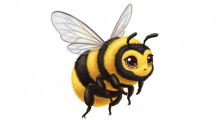 Flying Bee: A detailed cartoon illustration of a cute, fluffy bee, its wings spread as it flies in the air, ready to pollinate and buzz around.