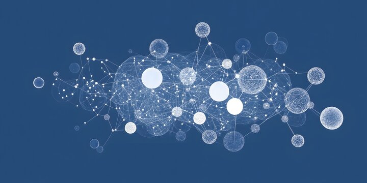 Abstract network of interconnected spheres in a dark background.
