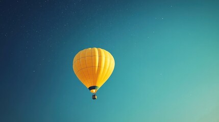Fototapeta premium A vibrant yellow hot air balloon ascends against a twilight teal sky, dotted with distant stars