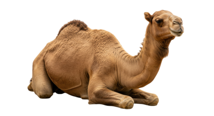 Relaxed Dromedary Camel Sitting, Eyes Half-Closed - Isolated on White High-Resolution Image