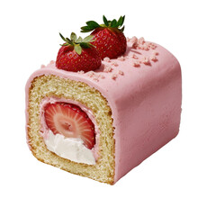 Delicious Strawberry Cake Slice with Cream Filling and Pink Frosting Topped with Fresh Strawberries on a White Background