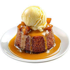 Delicious dessert featuring warm sponge cake topped with vanilla ice cream and caramel sauce, garnished with caramelized fruits on a white plate