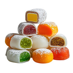 Colorful Assortment of Sweet Asian Mochi Filled with Various Flavors Piled Neatly on a White Background for Culinary and Dessert Photography