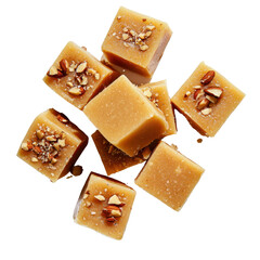 Creamy Caramel Squares with Nuts Displayed on a White Background for Culinary and Dessert Inspiration in Food Photography