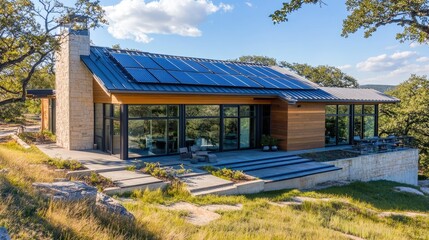 Obraz premium Solar panels mounted on corrugated metal roof of a modern energy-efficient home