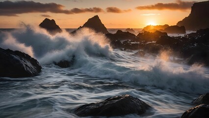 Fototapeta premium Vibrant summer sunset over rocky coastline with crashing waves and dramatic cloud formations in the sky Generative AI