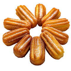 Delicious Golden Brown Churros with Sugar Coating Arranged in a Beautiful Circular Pattern on a White Background