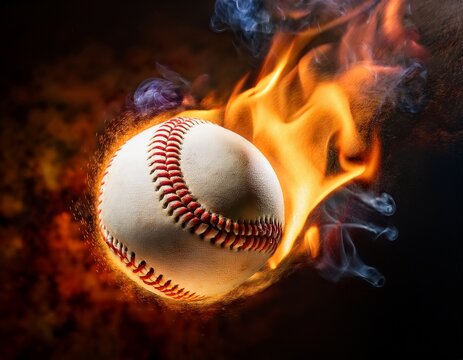 close-up of a baseball with a fire on its path