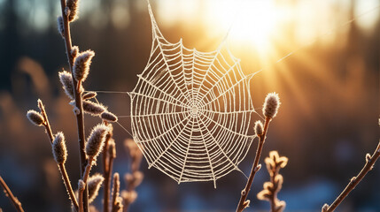 Frosty Spider Web Sparkling in Morning Sunlight
