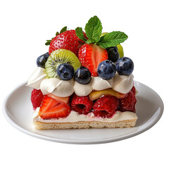 Delicious fruit tart topped with fresh berries, whipped cream, and mint leaves on a white plate showcasing vibrant colors and textures for dessert lovers