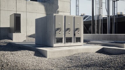 Substation with transformers and voltage regulators mounted on concrete pads and surrounded by gravel