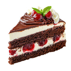 Delicious chocolate cake slice with cherries, cream, and mint garnish on a white background, perfect for dessert lovers and bakery enthusiasts