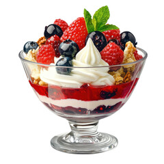 Delicious and Colorful Dessert with Fresh Berries, Whipped Cream, and Crunchy Toppings in a Clear Glass Bowl