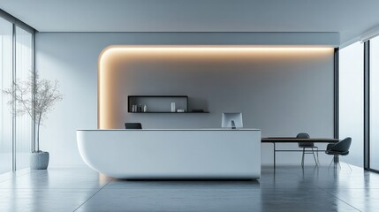 Modern minimalist reception area with sleek curved white desk, illuminated wall accent, large , and contemporary office furniture in bright airy space