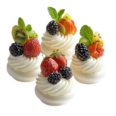 Exquisite Mini Meringue Desserts Topped with Fresh Berries and Decorative Fruits, Ideal for Elegant Celebrations and Culinary Photography