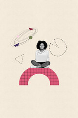 Creative collage of person sit use netbook geometry figure with dotted graphs messy lines in a...