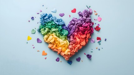 Love radiates from a heart made of vibrant crumpled tissue paper in rainbow colors, celebrating diversity and LGBTQ pride during Pride month