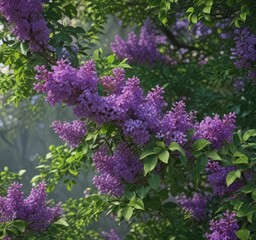Obraz premium Abundant lilac branches, vibrant purple hues, lush green foliage , macro, background