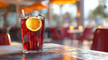 1. A refreshing glass of iced tea with a slice of lemon sits on a table, perfect for a hot day. stock photo