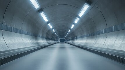Obraz premium Long Underpass Tunnel with Modern Ceiling Lights and Smooth Curved Walls Creating a Faint Perspective with Empty Roadway and Bright Lighting in a Vehicular Passageway