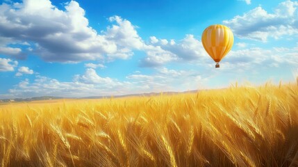 Obraz premium Hot air balloon soaring over golden wheat field under a vibrant blue sky