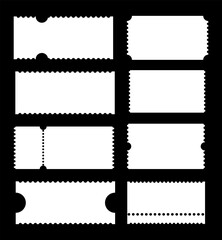 Admit one tickets samples. Empty backdrops templates. Ticket patterns for cinema, circus, theater, festival, casino, club. Boarding blanks, lottery, sale coupons. White blanks backgrounds.