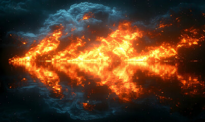 Fiery inferno reflects on still water under a night sky, creating an ethereal scene