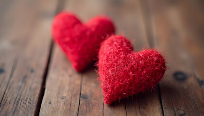 Fototapeta premium Valentines day background with two red hearts on wooden background