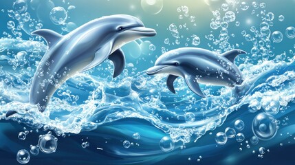 Fototapeta premium Two dolphins leap playfully through ocean waves, surrounded by bubbles