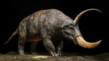 Fototapeta premium Extinct Styracosaurus Dinosaur with Horned Head and Large Tusks Standing on Ground in Dark Environment
