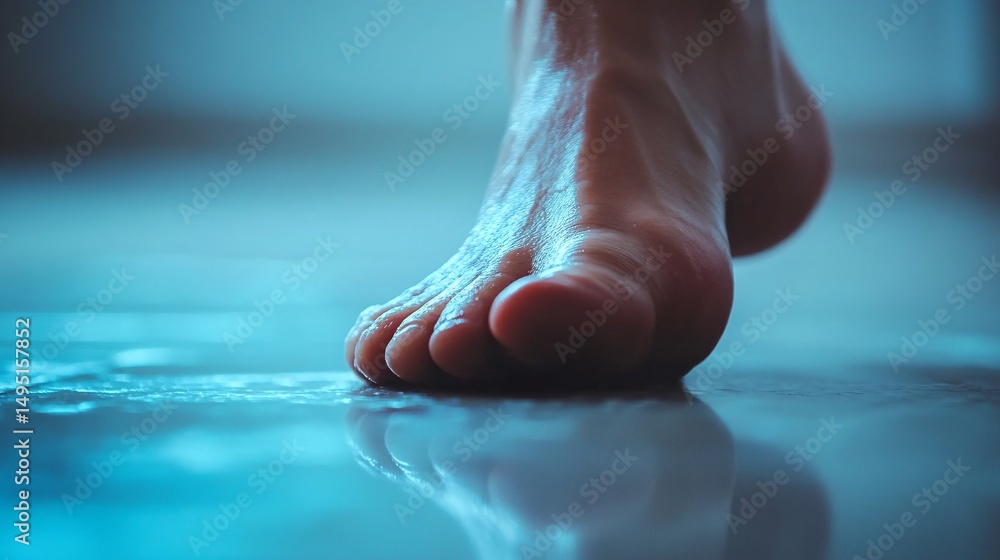 Poster female foot taking a step on a wet tiled floor, creating a sense of vulnerability and mystery