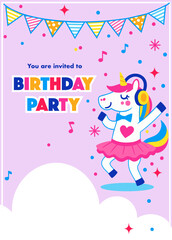 Invitation template birthday card. Unicorn rainbow pony theme. Birthday party invitation in flat style