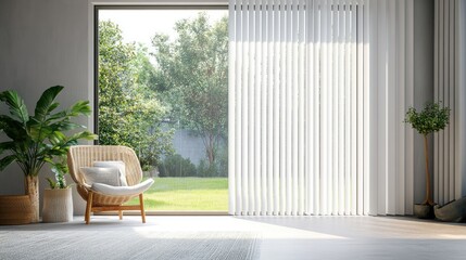 White vertical blinds swaying slightly in front of a large patio door on a breezy day