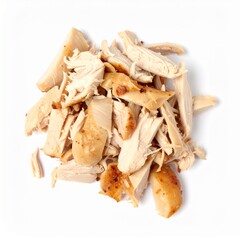 Shredded cooked chicken on white background with clipping path for food styling or meal prep concept