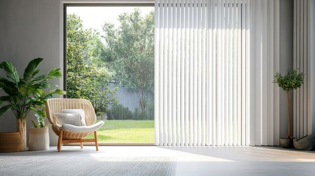 White vertical blinds swaying slightly in front of a large patio door on a breezy day