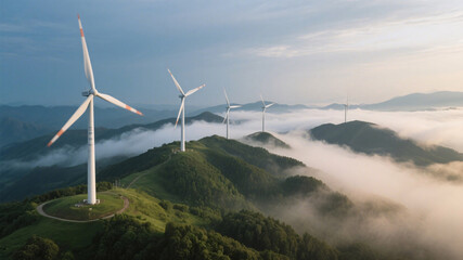 Majestic wind turbines spinning on misty mountain ridge with lush greenery and dramatic clouds, symbolizing renewable energy in nature