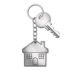 Metal house key with home-shaped keychain isolated on transparent background for real estate design.