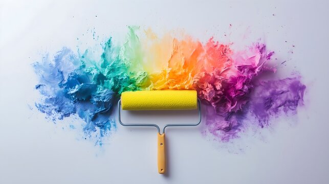 Vibrant paint roller with yellow handle creating a colorful abstract display of rainbow hues during Pride Month celebration - Powered by Adobe